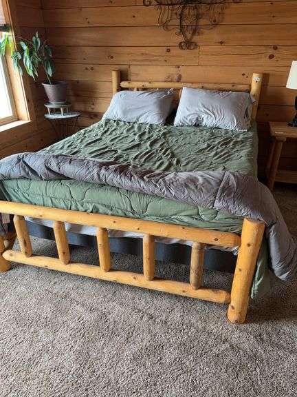 Queen log bed with bedding, mattress has some stains, weighted throw-Stair carry-bring help to move image