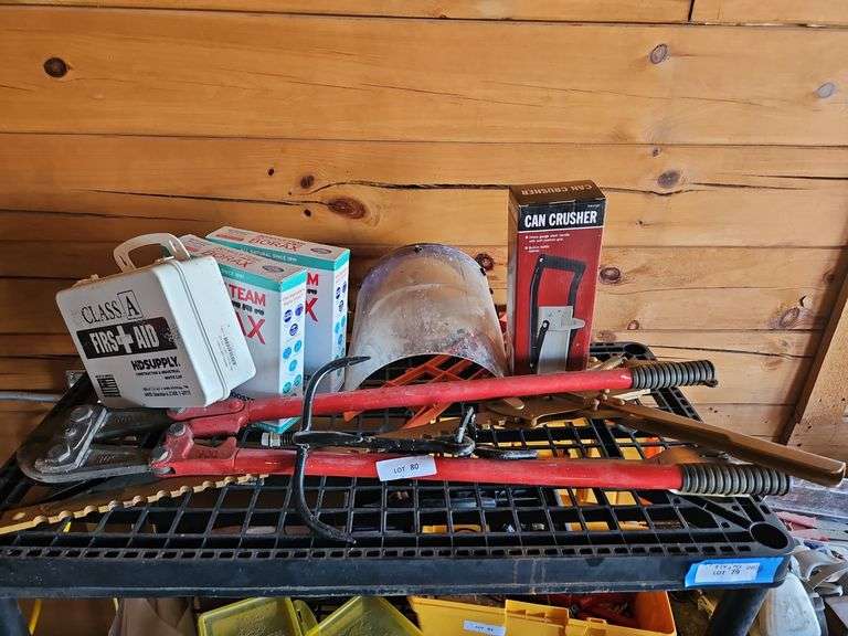 Large Bolt Cutters, Can Crusher, First Aid Kit, Borax (Full Boxes) - Top Shelf of Shelving Unit-Bring box to pack image