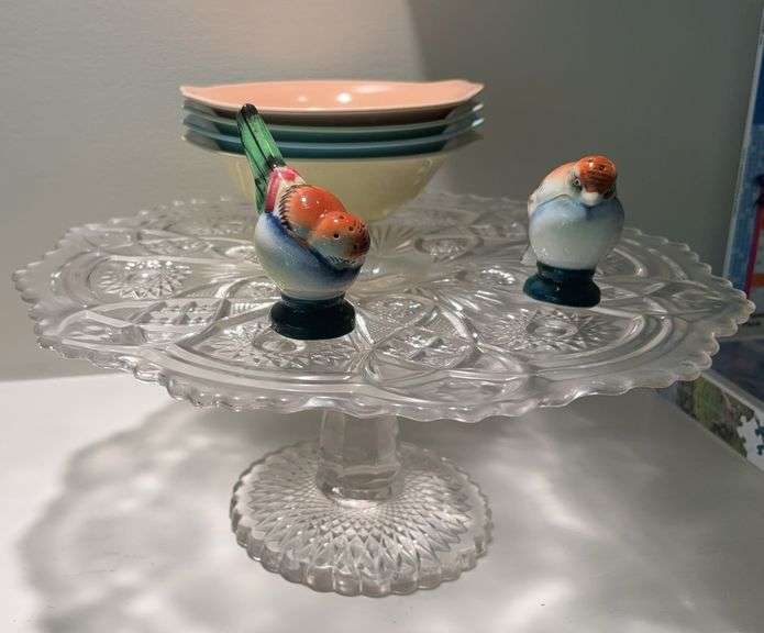 13R x 5H EAPG cake stand, 4 pastel berry bowls and Made in Japan S&P shakers image