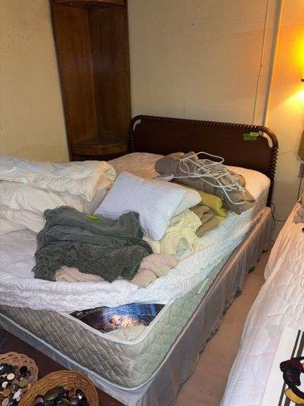 Full size bed with Jenny Lind style headboard and Serta mattress and box spring Good shape! image