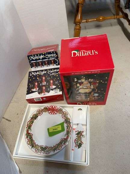 Midnight Santa mugs with dessert plates, Dillards 10” Santa in Library musical figurine and Christmas Garland plate with matching cake server image