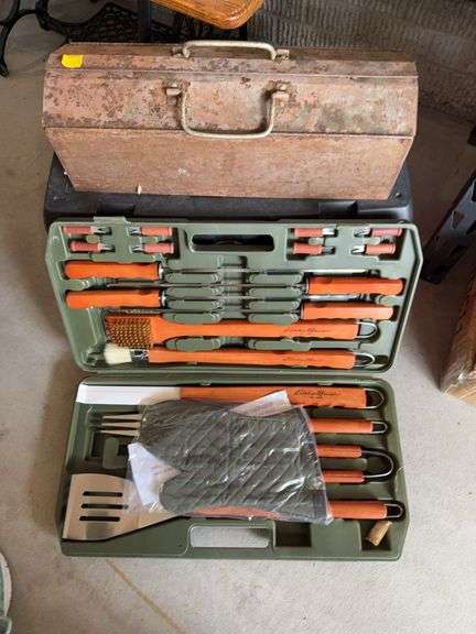 2 toolboxes, old and new and new Eddie Bauer BBQ tool set image