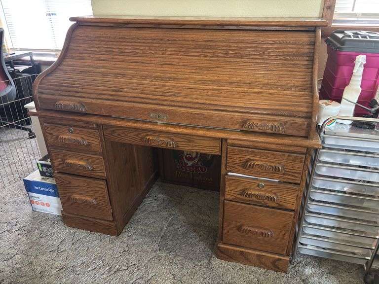 Heavy duty oak roll top desk 54 x 28 S curve - please bring help this item will require stair carry and unsure whether it comes apart image