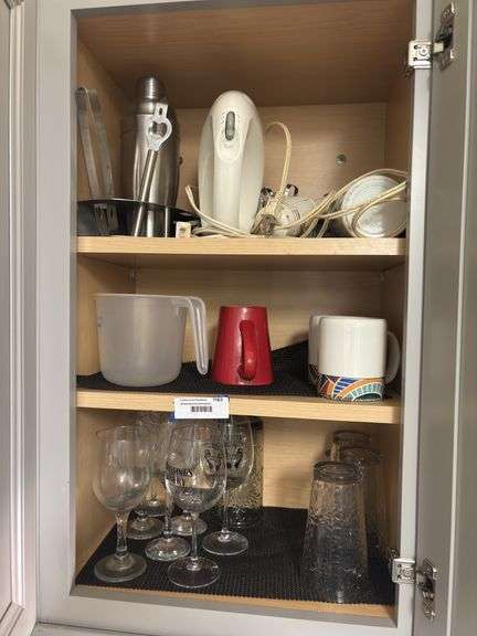 Drinking glasses, coffee cups, hand mixer, bar set,  glass baking dishes, bowls image
