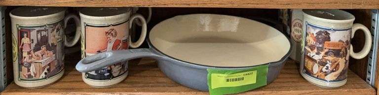 Enameled cast iron skillet and Watkins coffee mugs image
