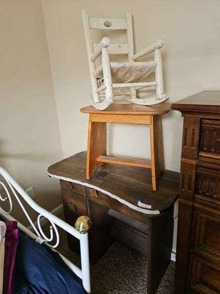 Children's Wood Desk, 36 x 18 x 30h, children's Rocking Chair, Stool image