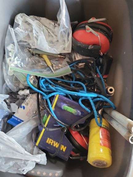 Tub of miscellaneous, with garden and house tools image