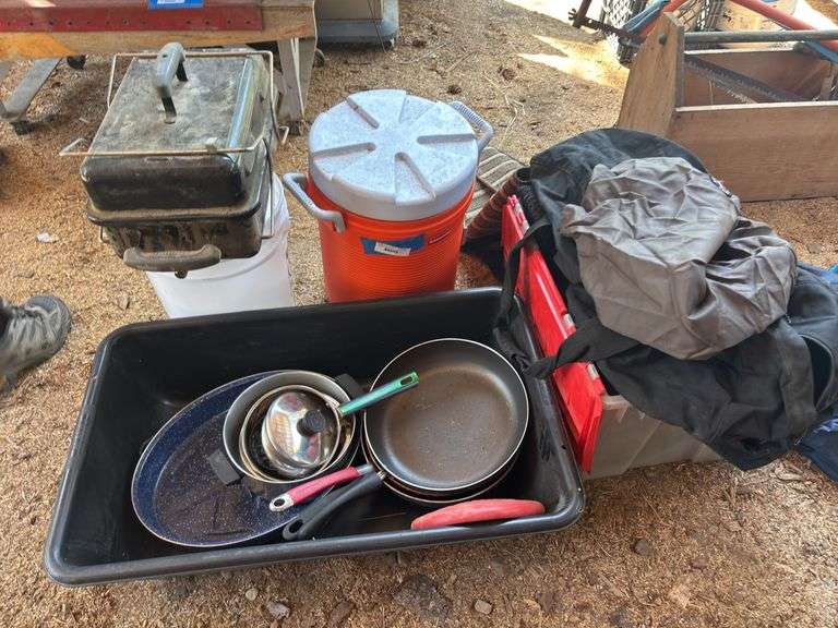 Camping items! Pans, water jug, stove, bags image