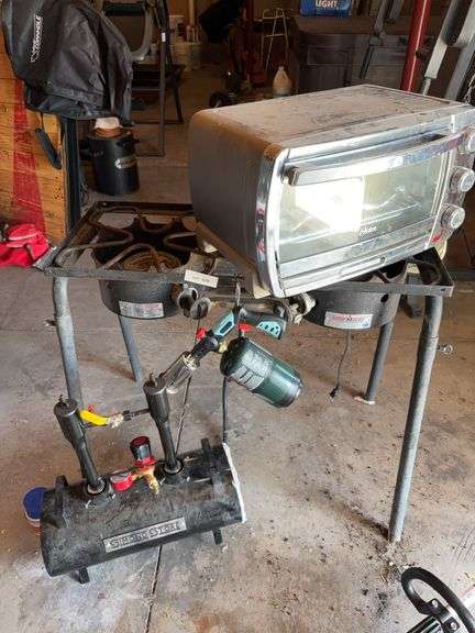 Camp Chef two burner stove on stand, Oster Oven, Simon Store Gas propane Forge image