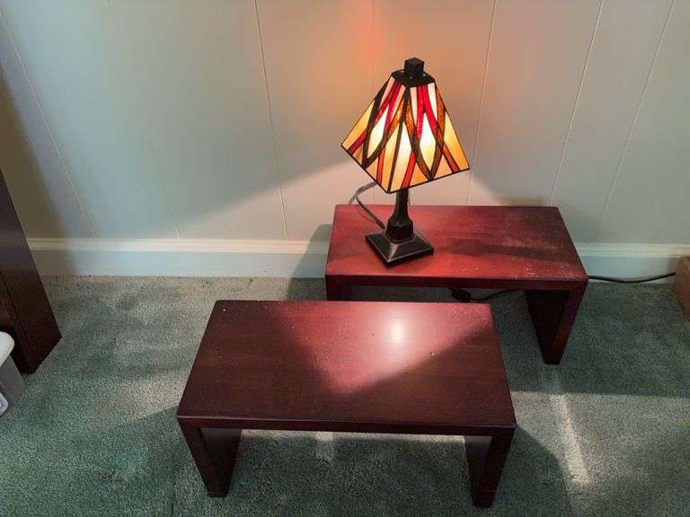 Two 16” long wall shelves and 12” tall bedside lamp with acrylic shade image