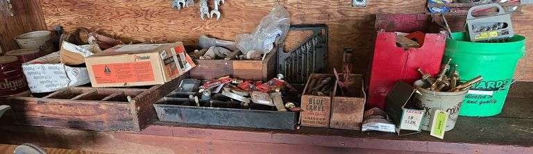 Bits, nails, boxes of hardware, wrenches, etc image