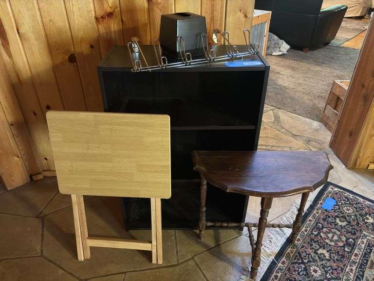 Small black bookshelf, half table, over the door hook and tv tray image