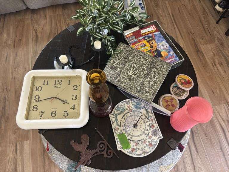 Various home decor - Tin box, rooster, candle holder, clock, lamp, vase, coasters etc image