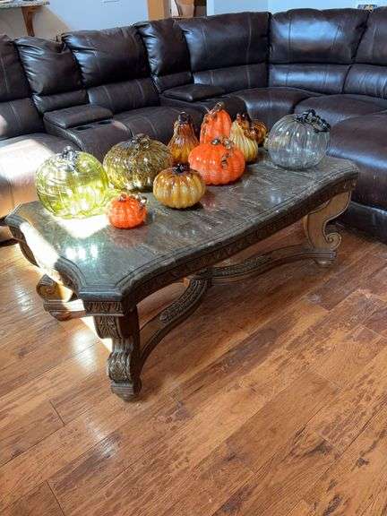 Marble top Coffee table, two end tables (no contents) image