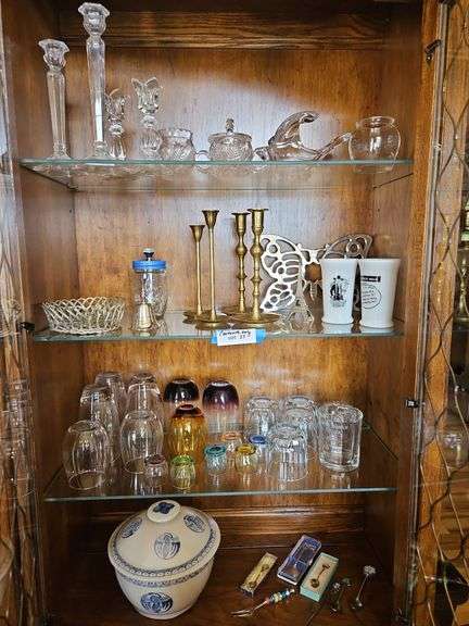 Candle Sticks, Glass Cups, Serving Bowl with Lid, Spoons  - Contents of China Cabinet- Bring Boxes to Pack image