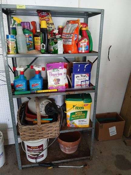 36 " metal shelf and contents, lots of plant growing and killing chemicals image