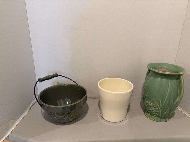McCoy vase, Made in Germany planter and WCL Pottery handled bowl with basket weave pattern image