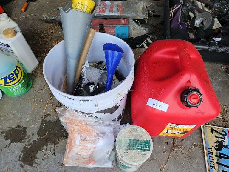 Gas Can, Oil Changing Supplies, Misc Bucket of Bolts,  Zip Ties image