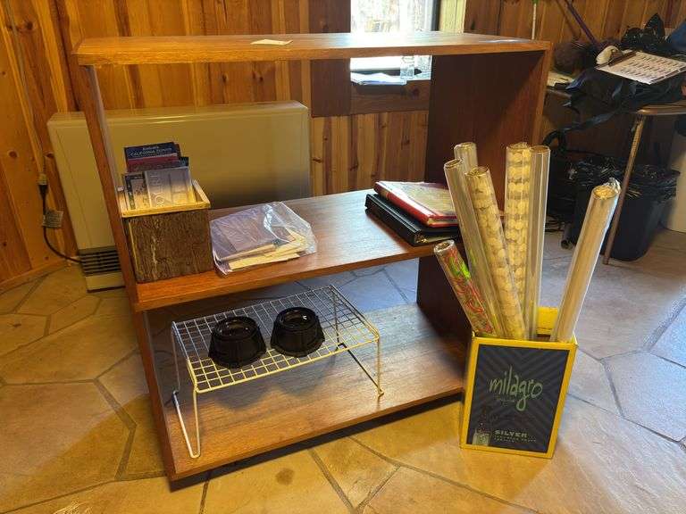 Oak shelf on casters 18 x 36 x 38 - with some crafting and wrapping supplies image