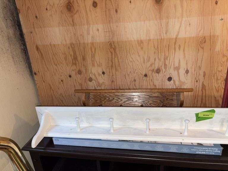 4’ wood wall shelf with coat pegs, NIB multi use wall shelf and three other small wall shelves image