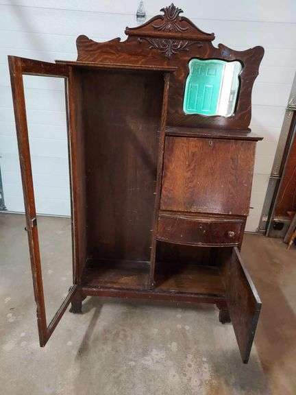 Antique cabinet- No flat glass in door. The 3 shelves finish is rough. Dimensions  are H 69", W 39 ", D 13" image