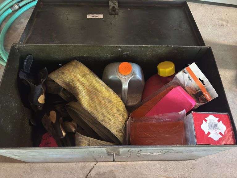 Wood cutters metal truck toolbox includes gloves, bar and chain oil, heavy duty strap image