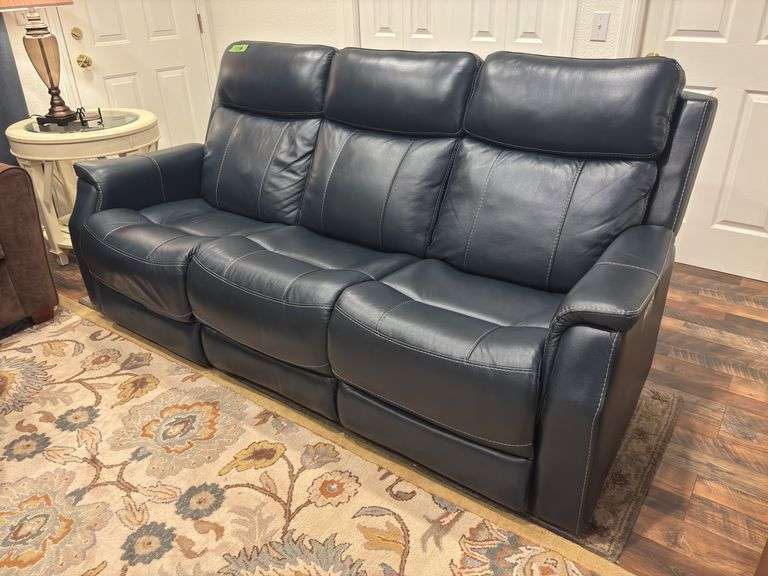 Flexsteel navy blue leather sofa electric reclining and adjusting headrest and lumbar - less than one year old! image