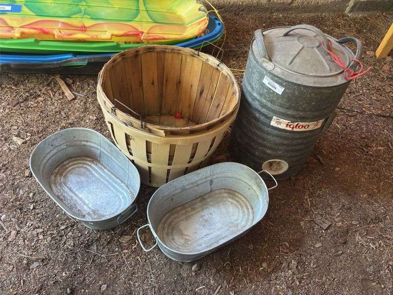 Igloo galvanized water jug, two galvanized pails, and two bushel basket image