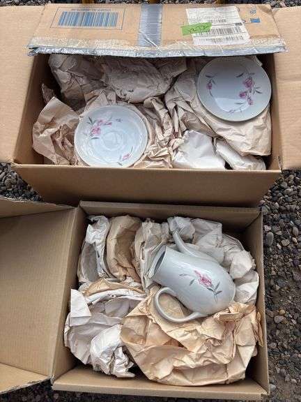 Pink rose themed China set Crestwood China, American beauty Japan, two boxes image