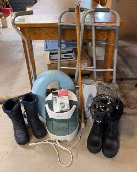 Boots, ice cleats, humidifiers, walker, 4 footed cane image