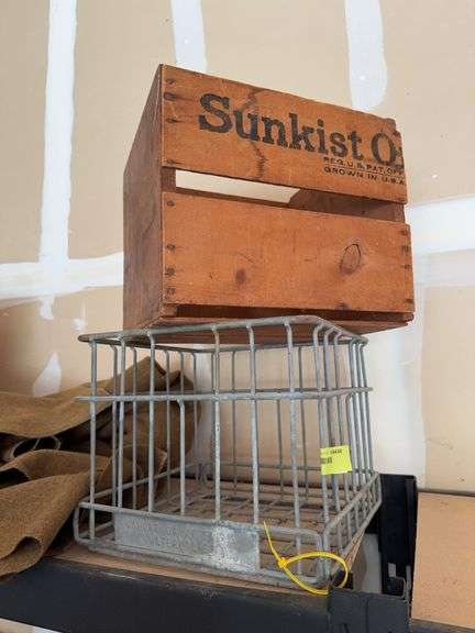 Walnut (spelled incorrectly) Dairy Farms Waterloo metal crate and Sunkist Oranges wooden crate image