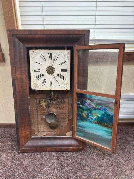 WL Gilbert clock Company antique wall clock with custom painting 15 x 26 image