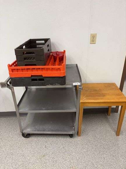Stainless serving cart, dishwasher trays, wood end table image