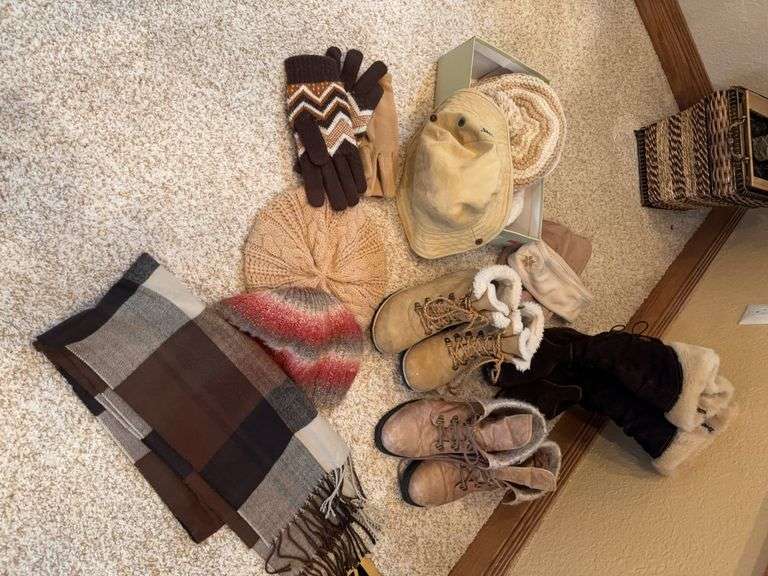 Ladies' boots size 8.5, hats, scarf, gloves image