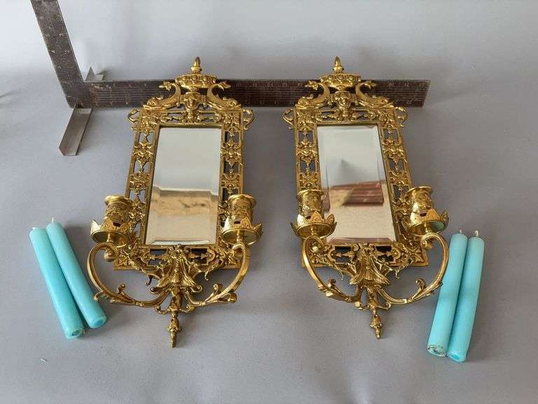 Pair of brass wall mount mirrored candleholders 18.5” tall image