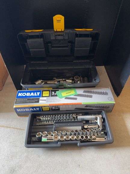 Stanley toolbox and large selection of sockets and 3 new Kobalt socket rails image