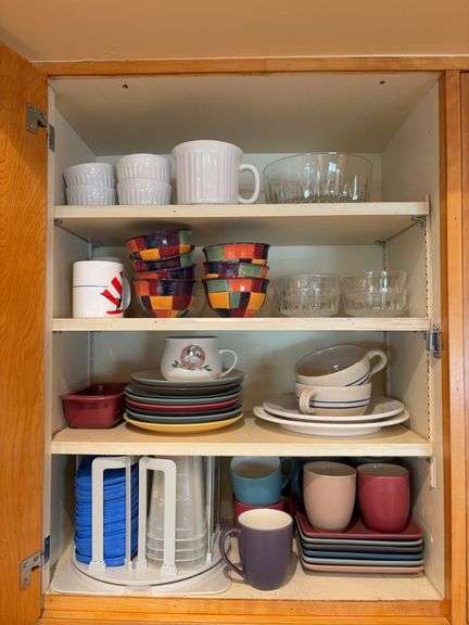 Plastic storage containers, Noritake Colorwave plates & mugs, berry bowl set, Corning Ware French White pieces, etc “B” cupboards image