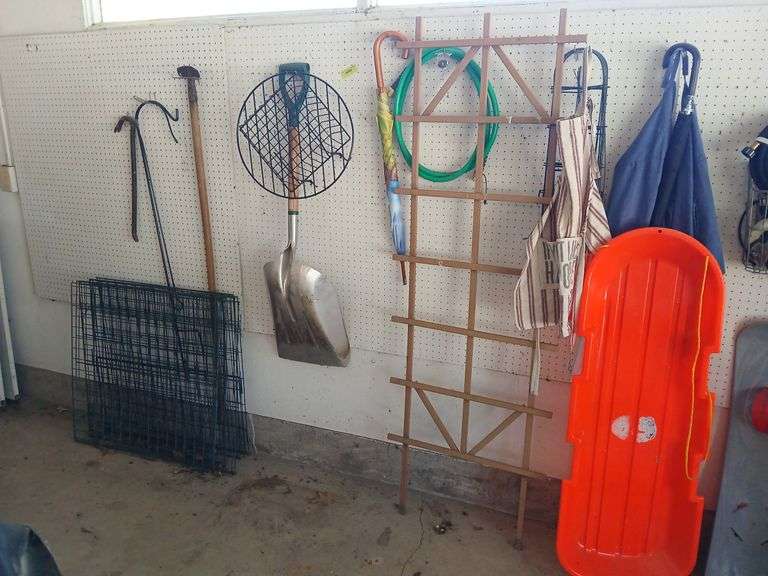 Wooden trellis, small shepard hooks, scoop shovel, sled, umbrella, sectional fencing, etc... image