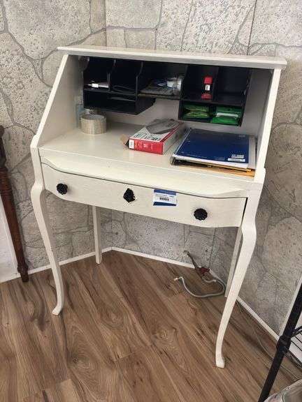Small white open front writing desk with contents image