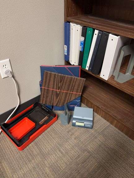 Office desk trays, folding magazine racks, postage scale, book ends, binders-Bring box to pack image