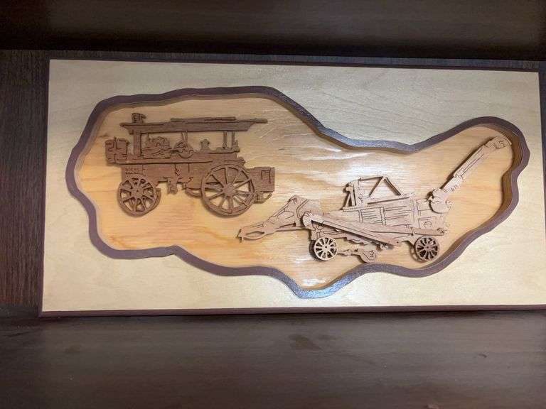 Laser wood corn machine and wagon plaque by Max and Shirley Sorick image