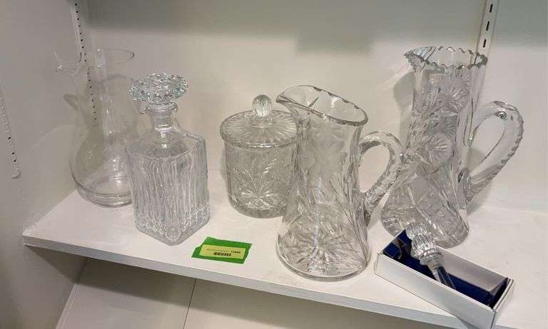 Fancy clear glass pitchers, decanter, covered candy dish and Mikasa wine stopper image