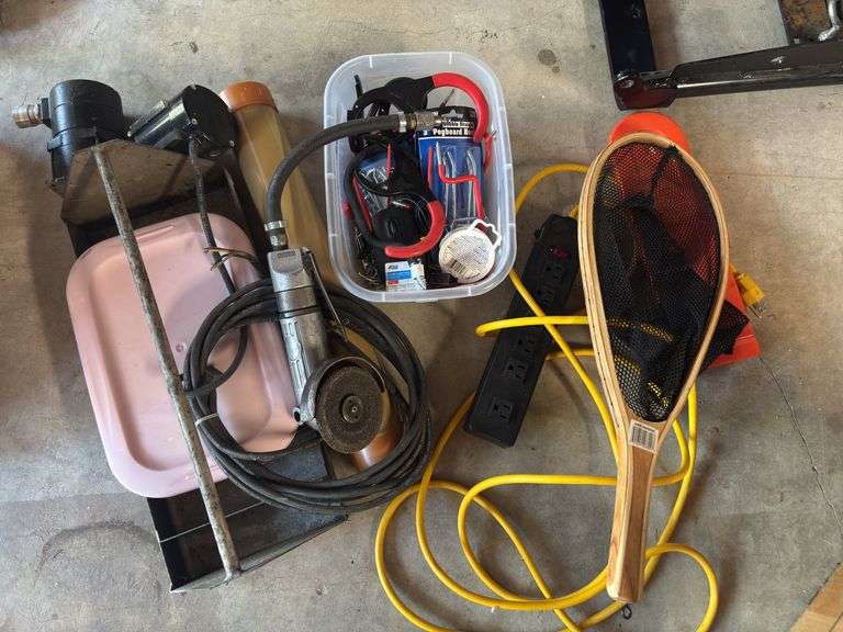 Grinder, electric motors, garage hanging items, trout net image