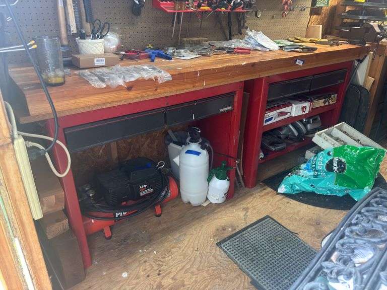 Butcher block table top with two craftsman bases underneath image