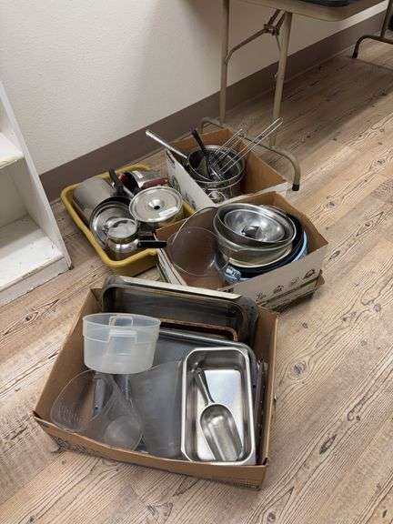 Stainless bowls, pots, scoop, baking dishes image