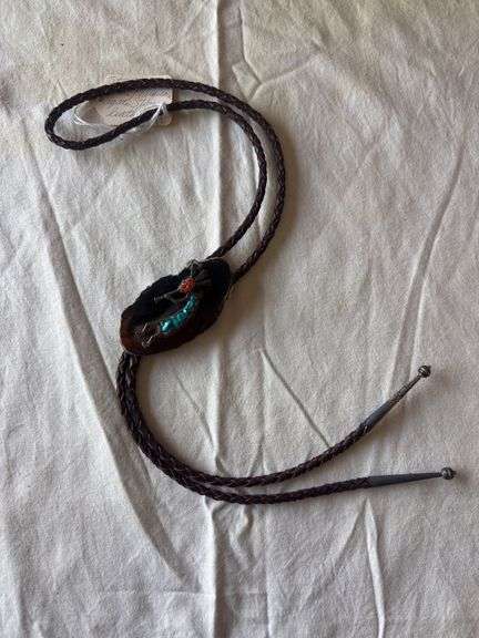 Sterling and coral turquoise bolo tie on leather image