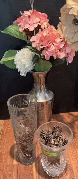 Two crystal vases and a hammered silver vase, all w decor image