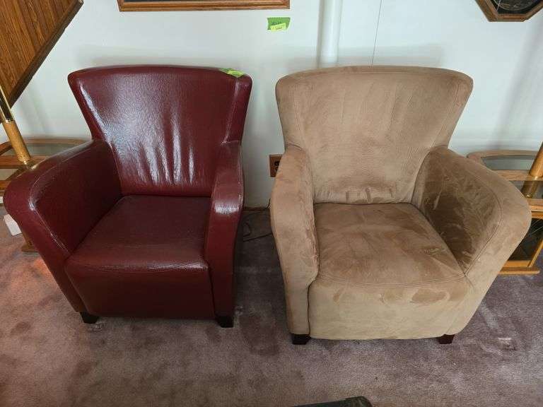 Pair of arm chairs, vinyl and tan cloth fabric image
