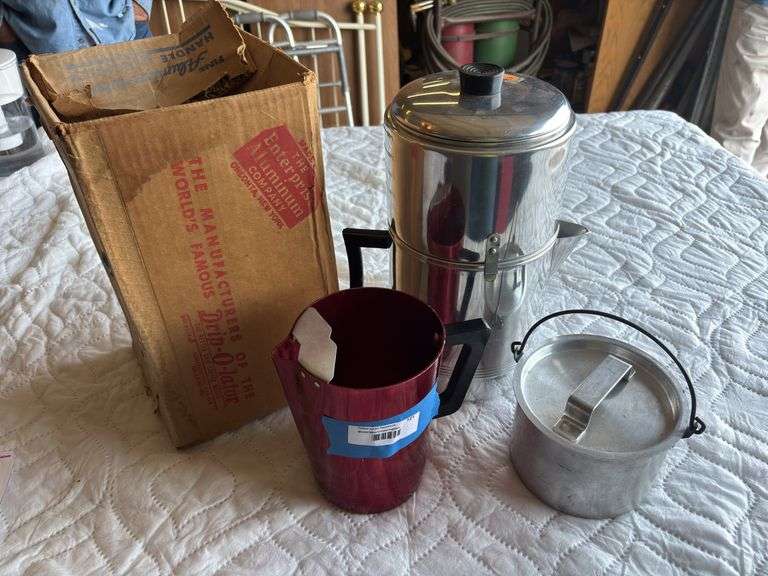 Vintage aluminum pitcher with ice lip, drip o later coffee maker with original box and camping cookpot image