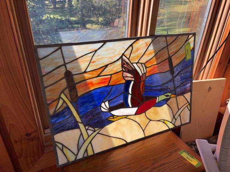 28x18 leaded stained glass w duck design image